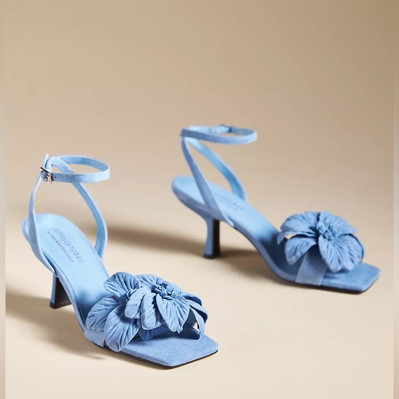 New Jeffrey Campbel Essence Kitten Heels Blue Suede Floral Anthro Womens - Picture 3 of 16